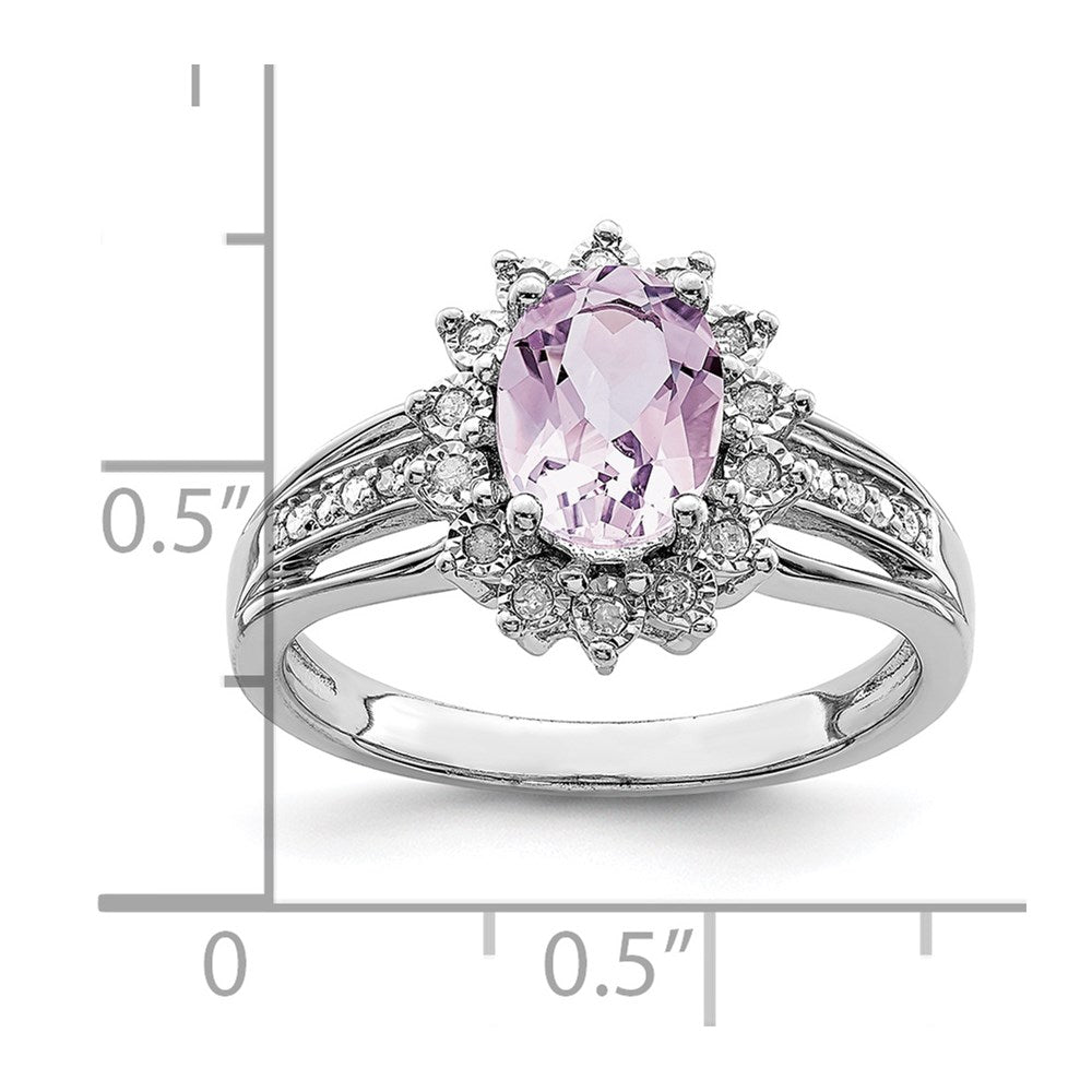 Sterling Silver Rhodium Diam. & Oval Pink Quartz Ring