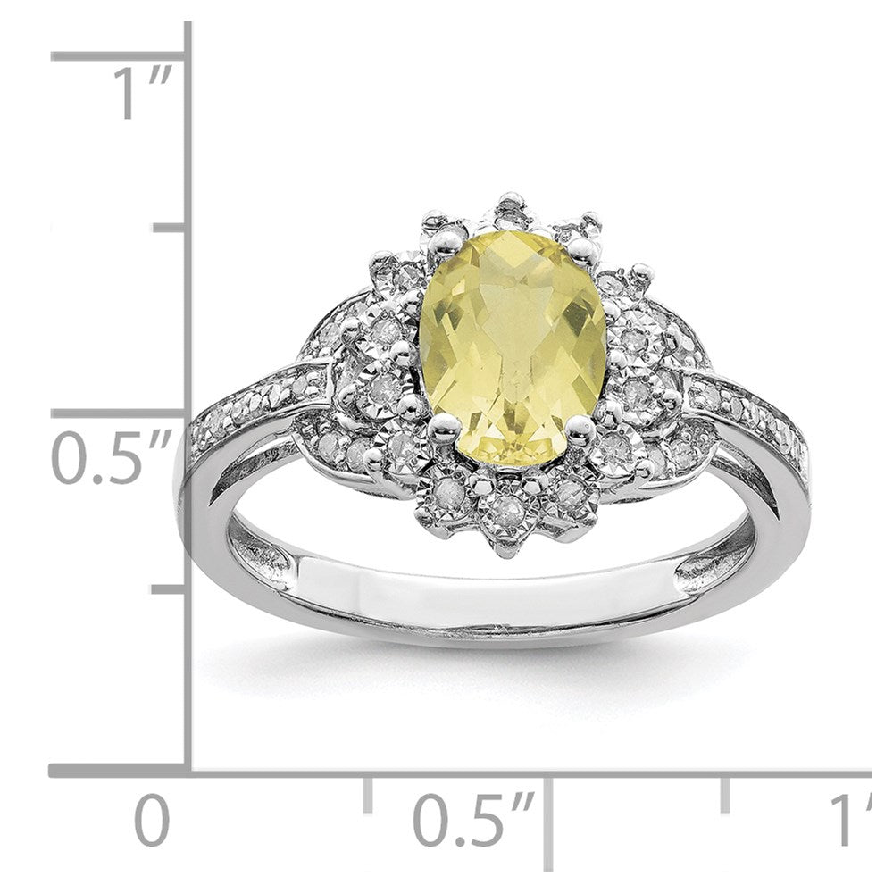 Sterling Silver Rhodium Diam. & Oval Checker-Cut Lemon Quartz Ring
