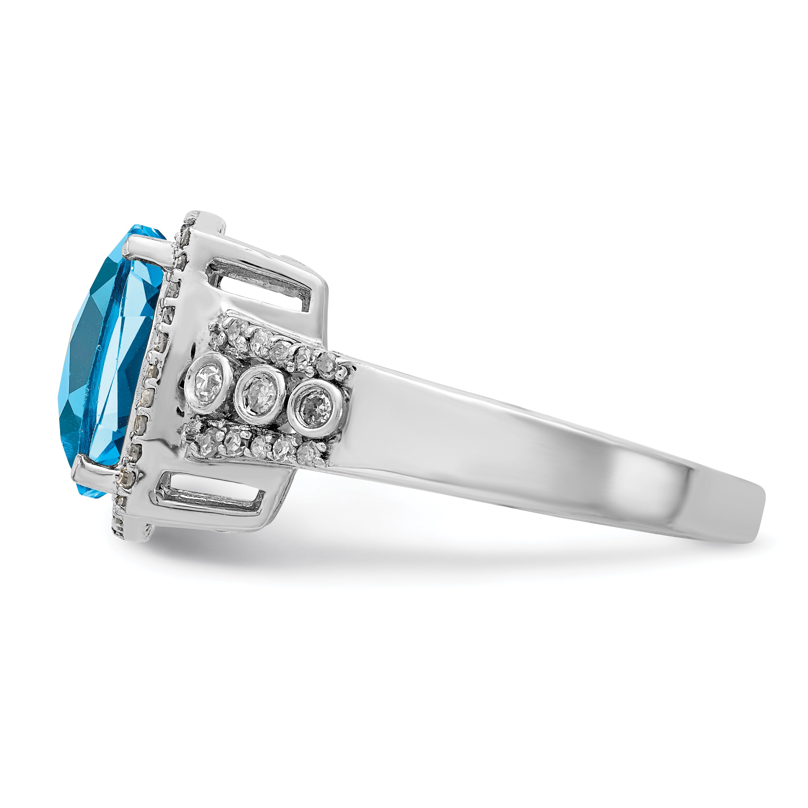 Sterling Silver Rhodium Checker-Cut Blue Topaz & Diam. Ring