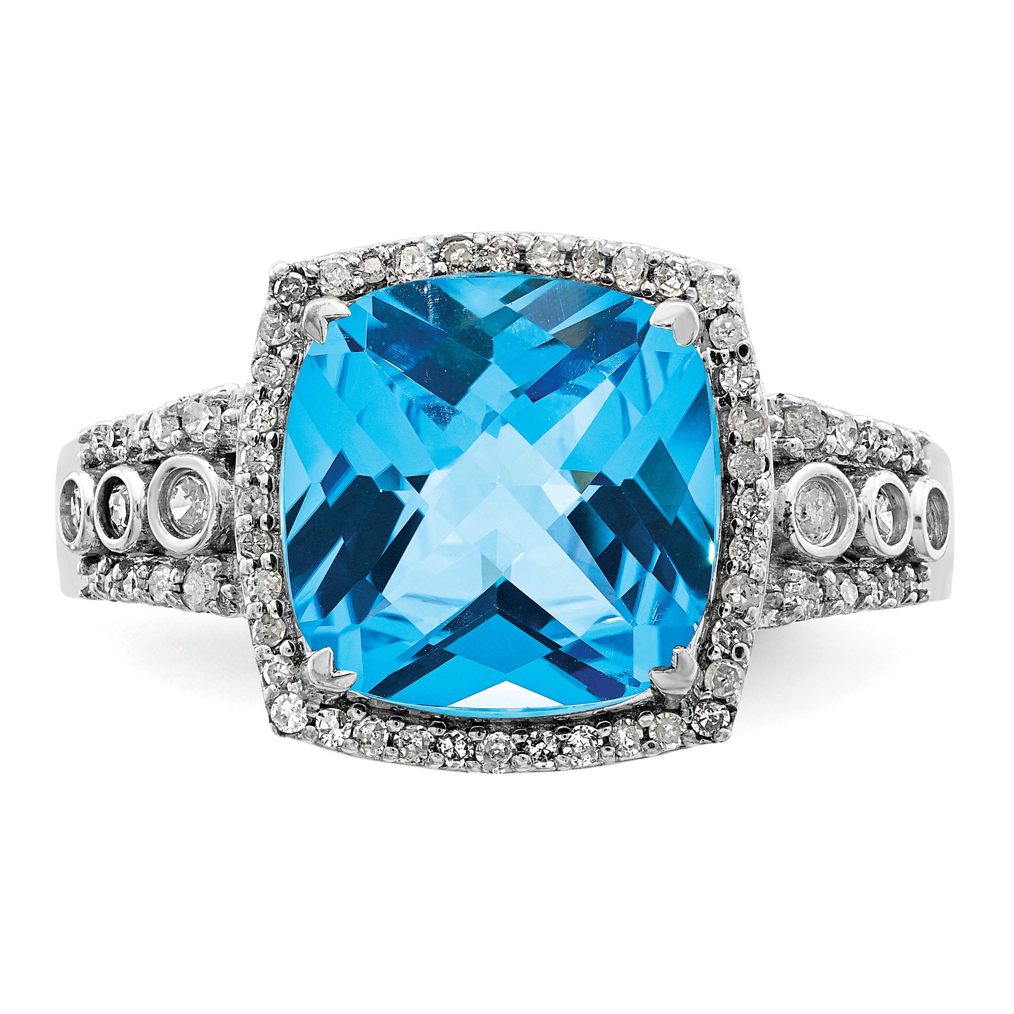 Sterling Silver Rhodium Checker-Cut Blue Topaz & Diam. Ring