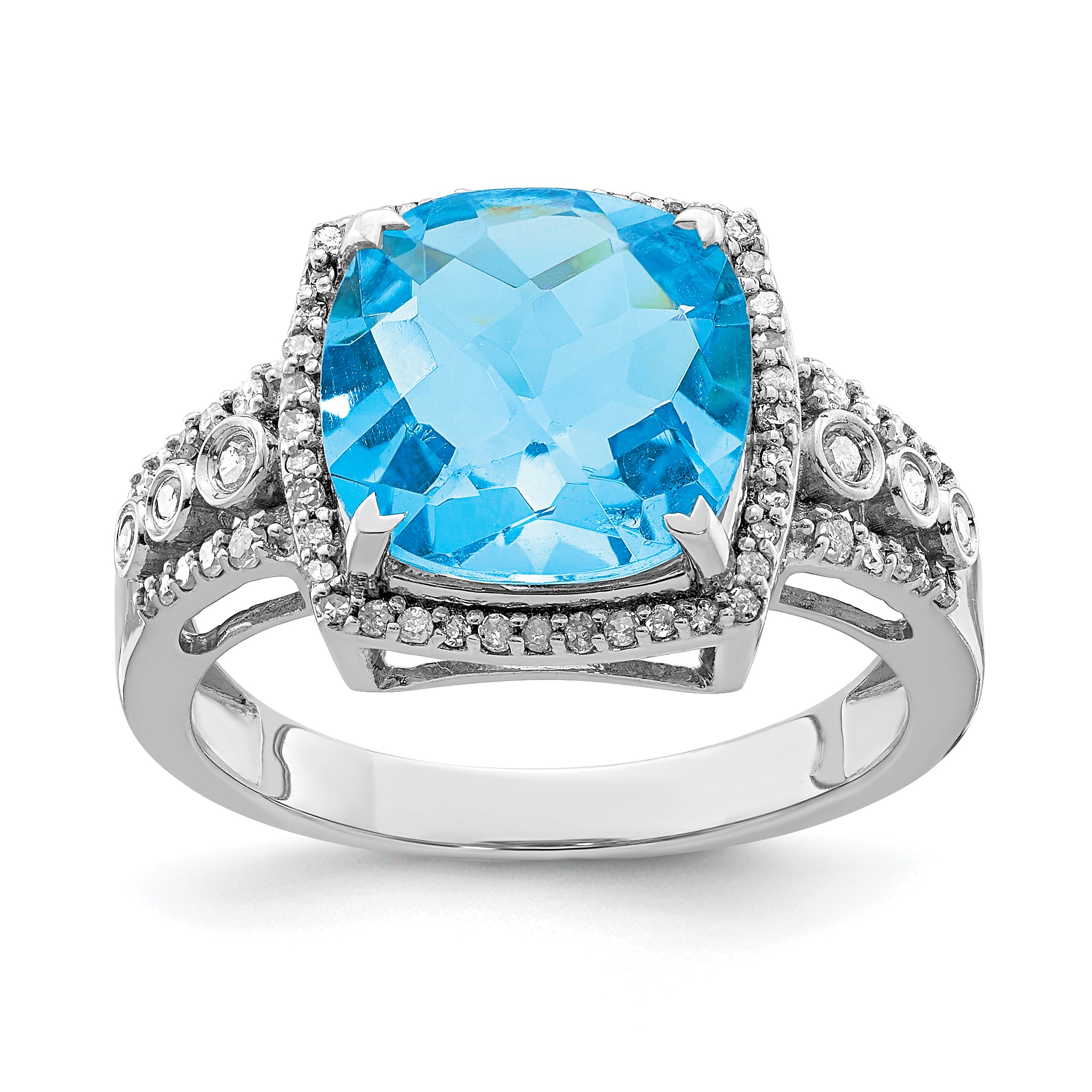 Sterling Silver Rhodium Checker-Cut Blue Topaz & Diam. Ring