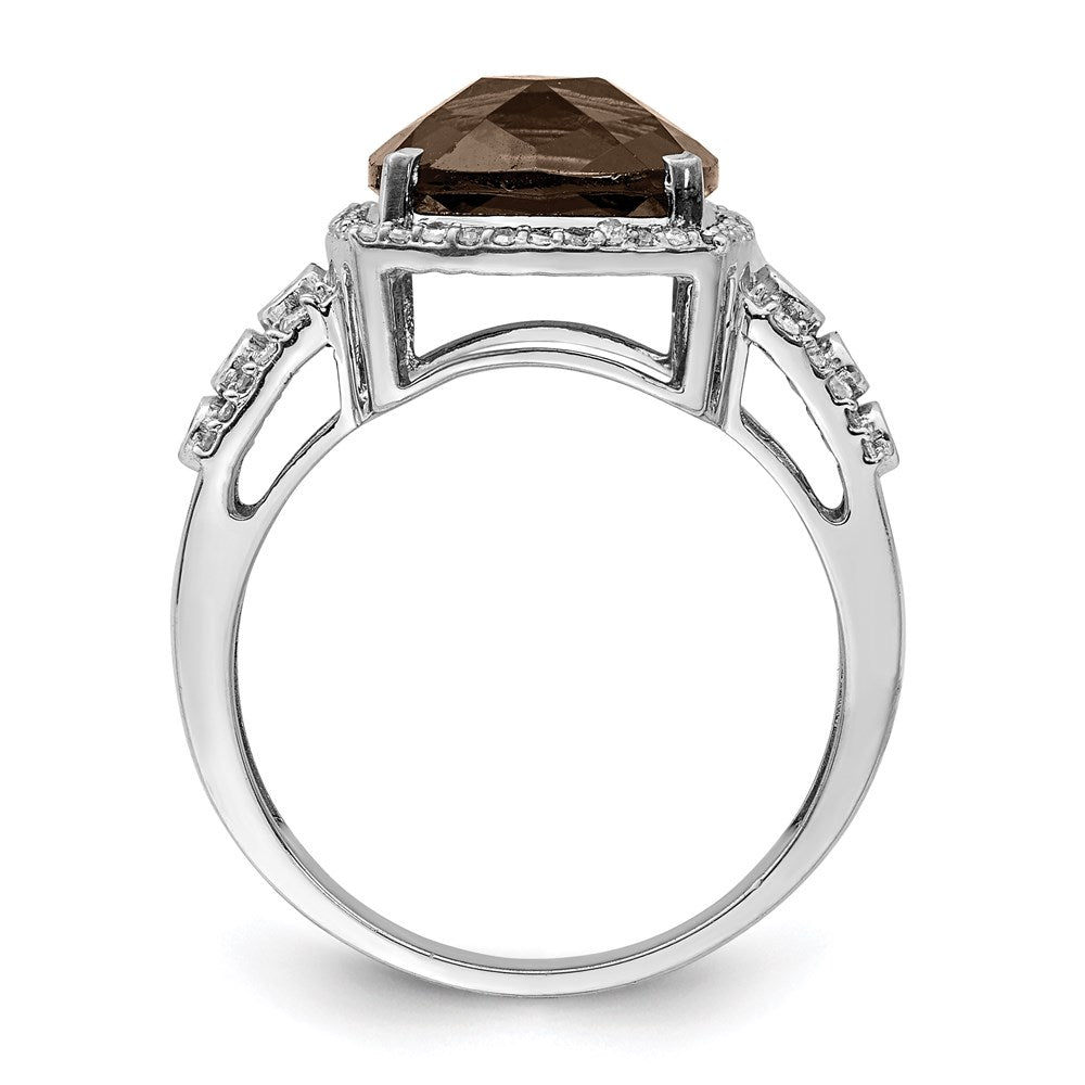 Sterling Silver Rhodium Diam. & Checker-Cut Smoky Quartz Ring