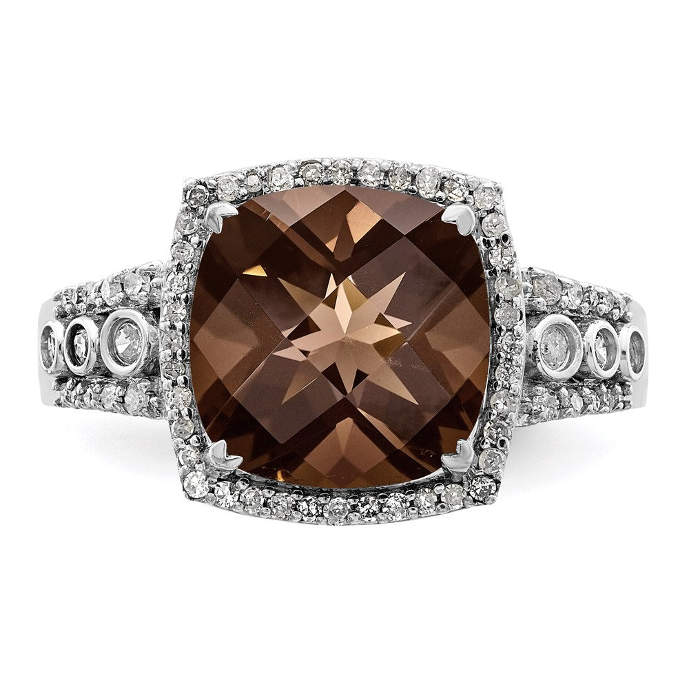 Sterling Silver Rhodium Diam. & Checker-Cut Smoky Quartz Ring