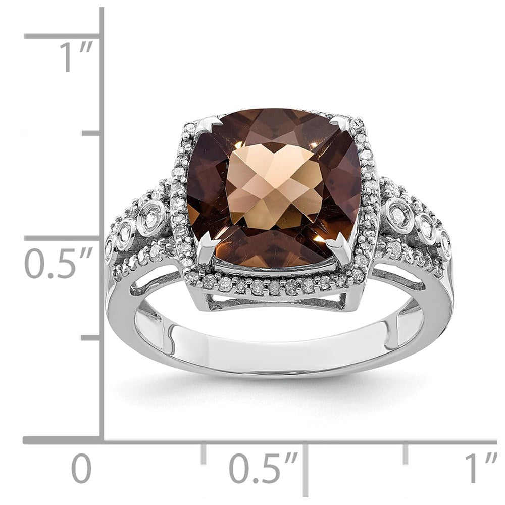 Sterling Silver Rhodium Diam. & Checker-Cut Smoky Quartz Ring