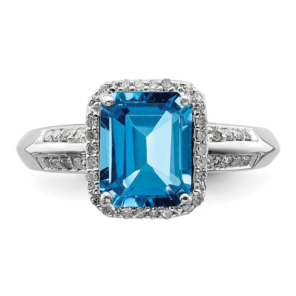 Sterling Silver Rhodium Octagonal Blue Topaz & Diam. Ring