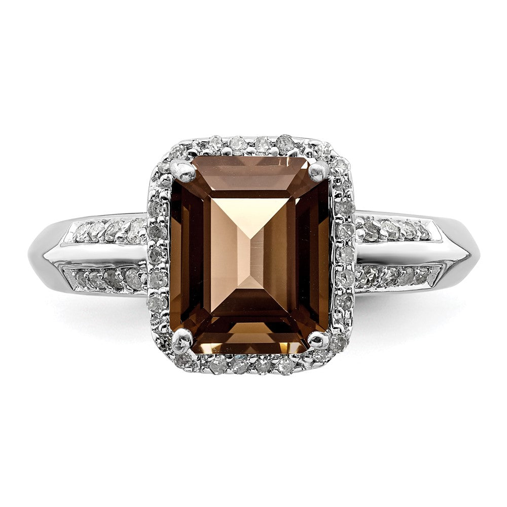 Sterling Silver Rhodium Octagonal Diam. & Smoky Quartz Ring