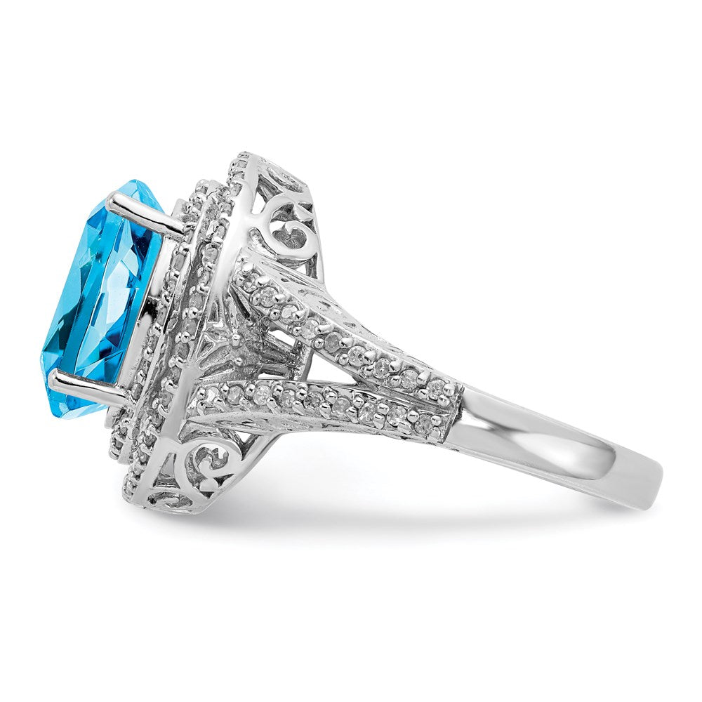 Sterling Silver Rhodium Oval Blue Topaz & Diam. Ring