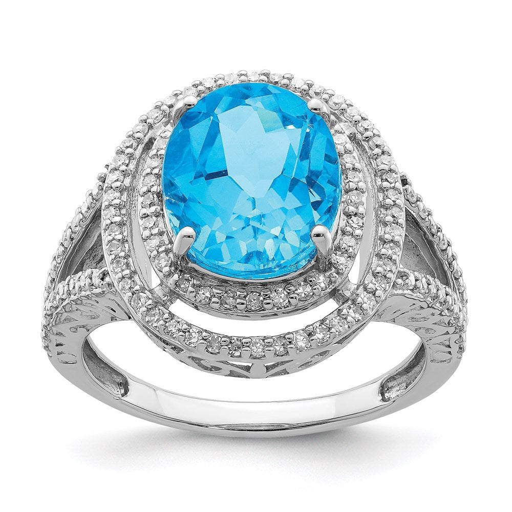 Sterling Silver Rhodium Oval Blue Topaz & Diam. Ring