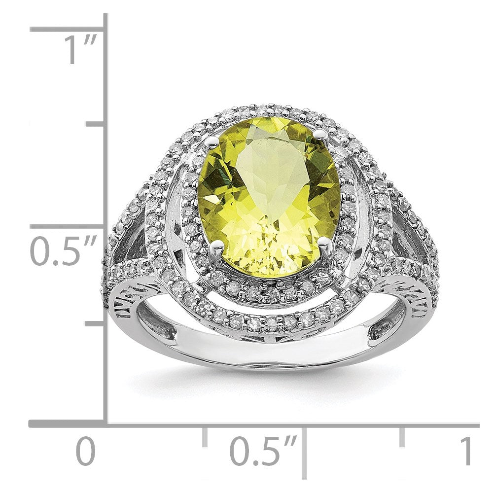 Sterling Silver Rhodium Oval Diam. & Lemon Quartz Ring
