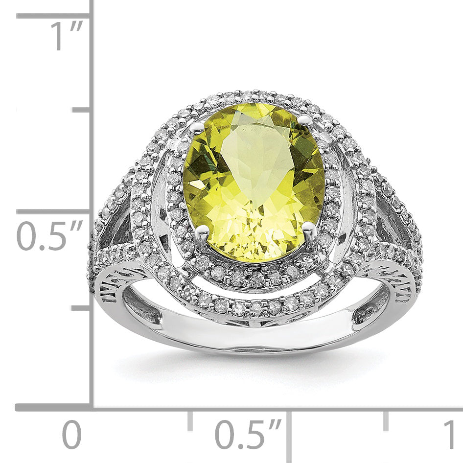 Sterling Silver Rhodium Diam. & Lemon Quartz Ring