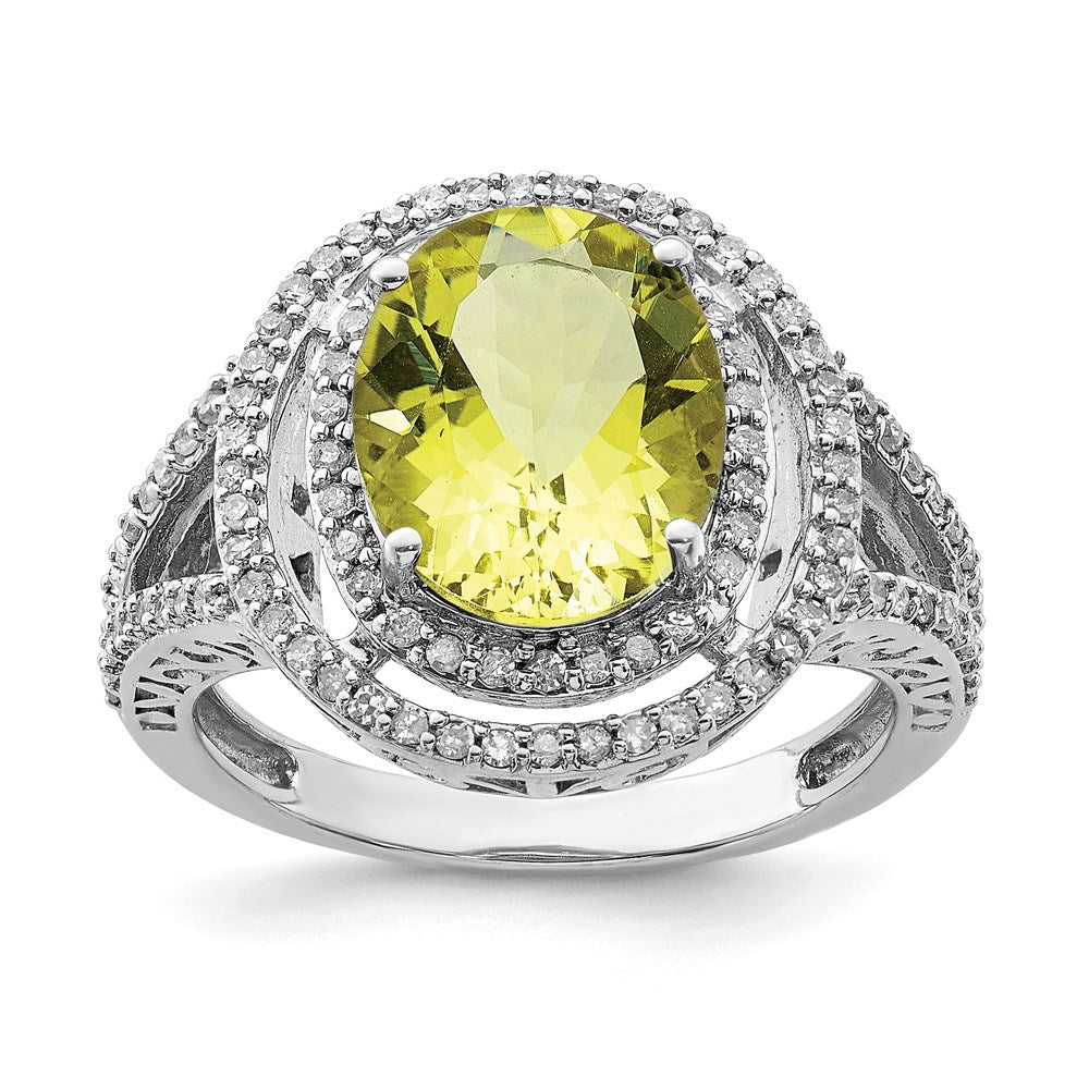 Sterling Silver Rhodium Oval Diam. & Lemon Quartz Ring