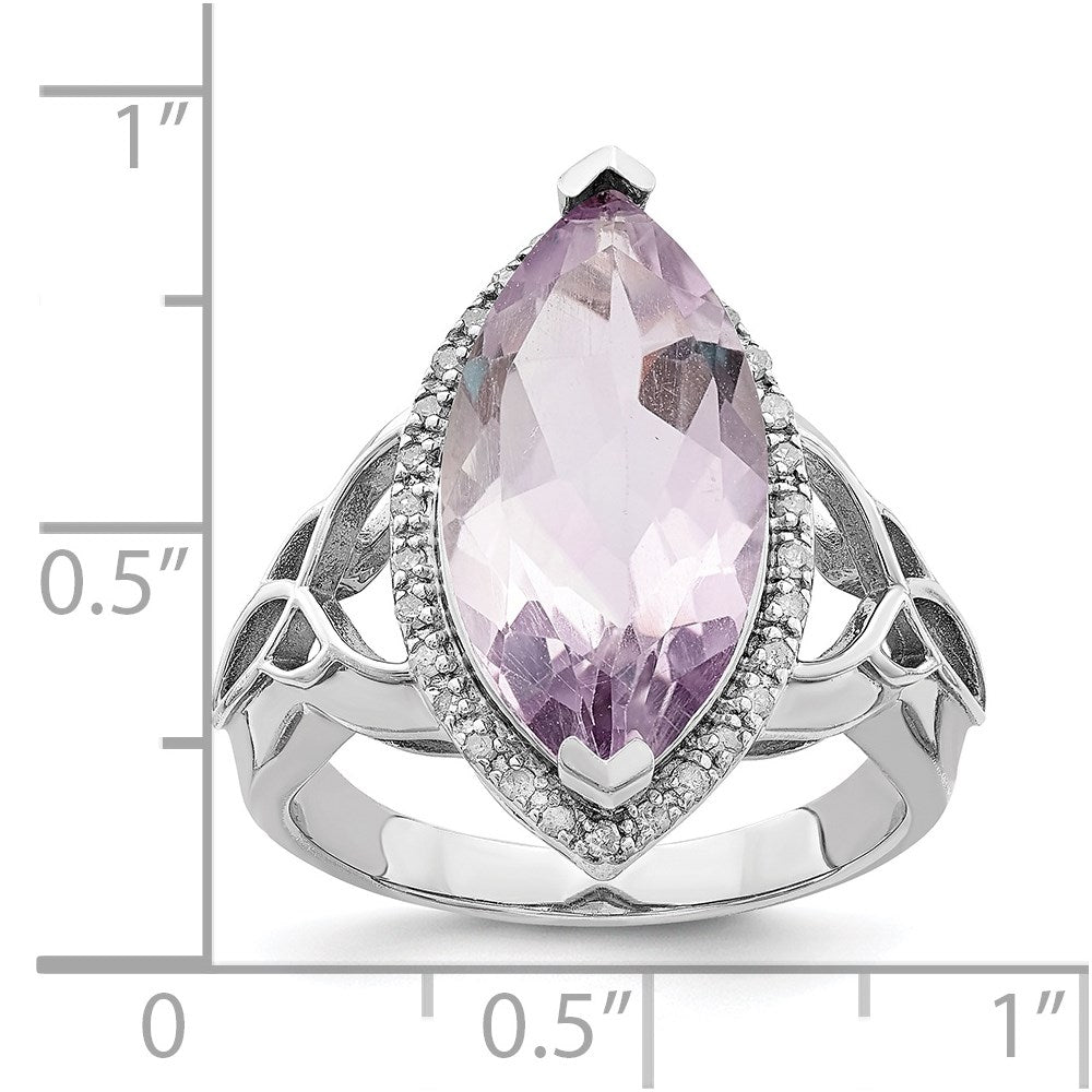 Sterling Silver Rhodium Diam. & Pink Quartz Ring