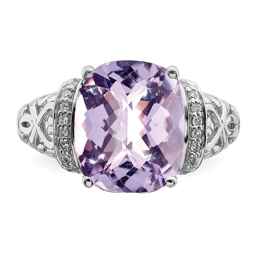 Sterling Silver Rhodium Diam. & Checker-Cut Pink Quartz Ring