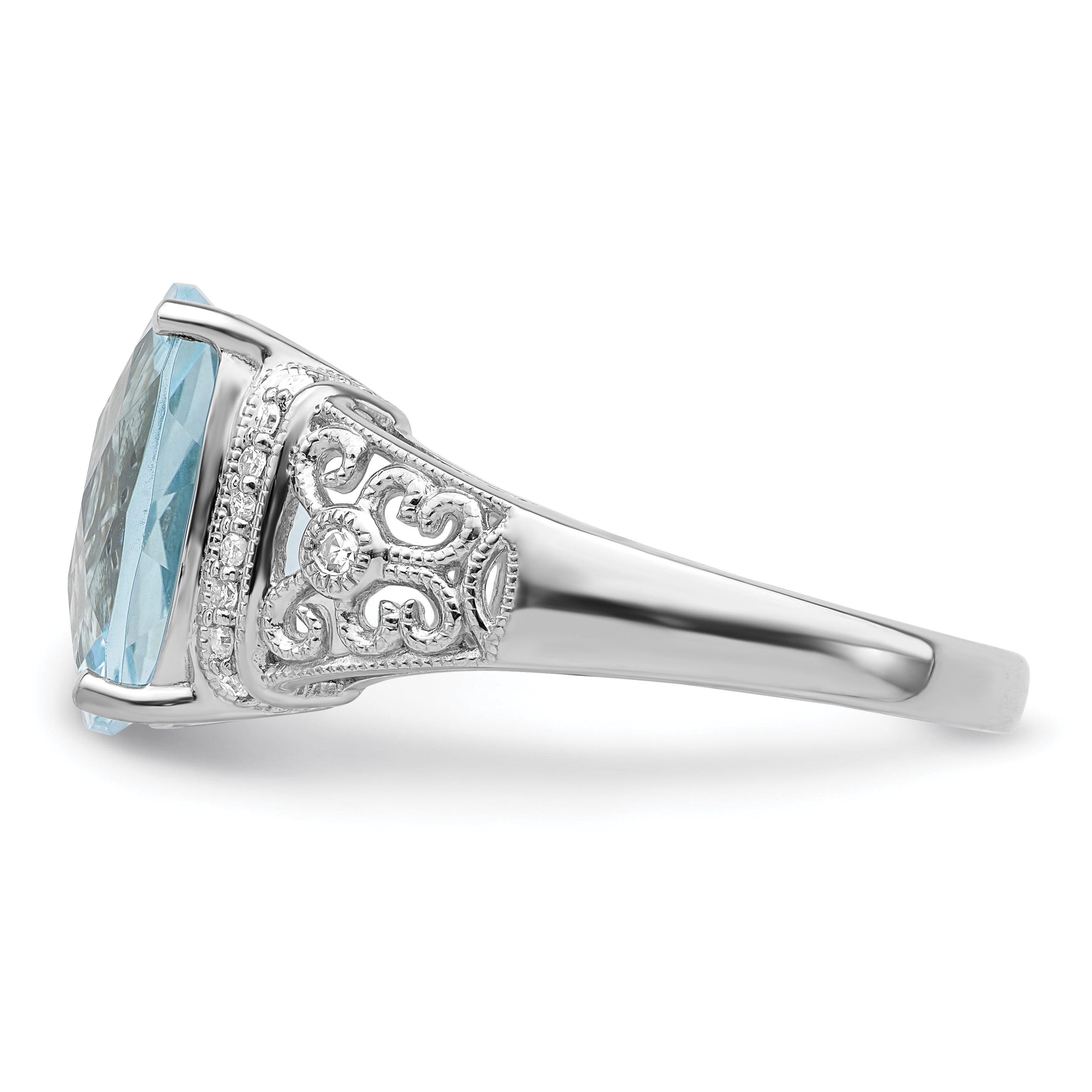 Sterling Silver Rhodium Diam. & Checker-Cut Sky Blue Topaz Ring