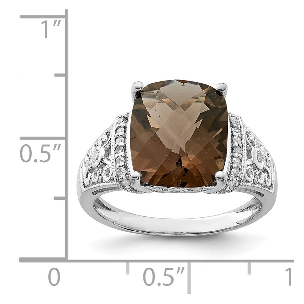 Sterling Silver Rhodium Diam. & Checker-Cut Smoky Quartz Ring