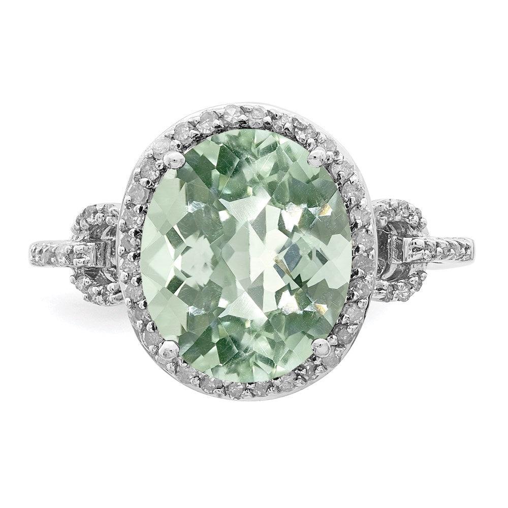 Sterling Silver Rhodium Oval Diam. & Checker-Cut Green Quartz Ring