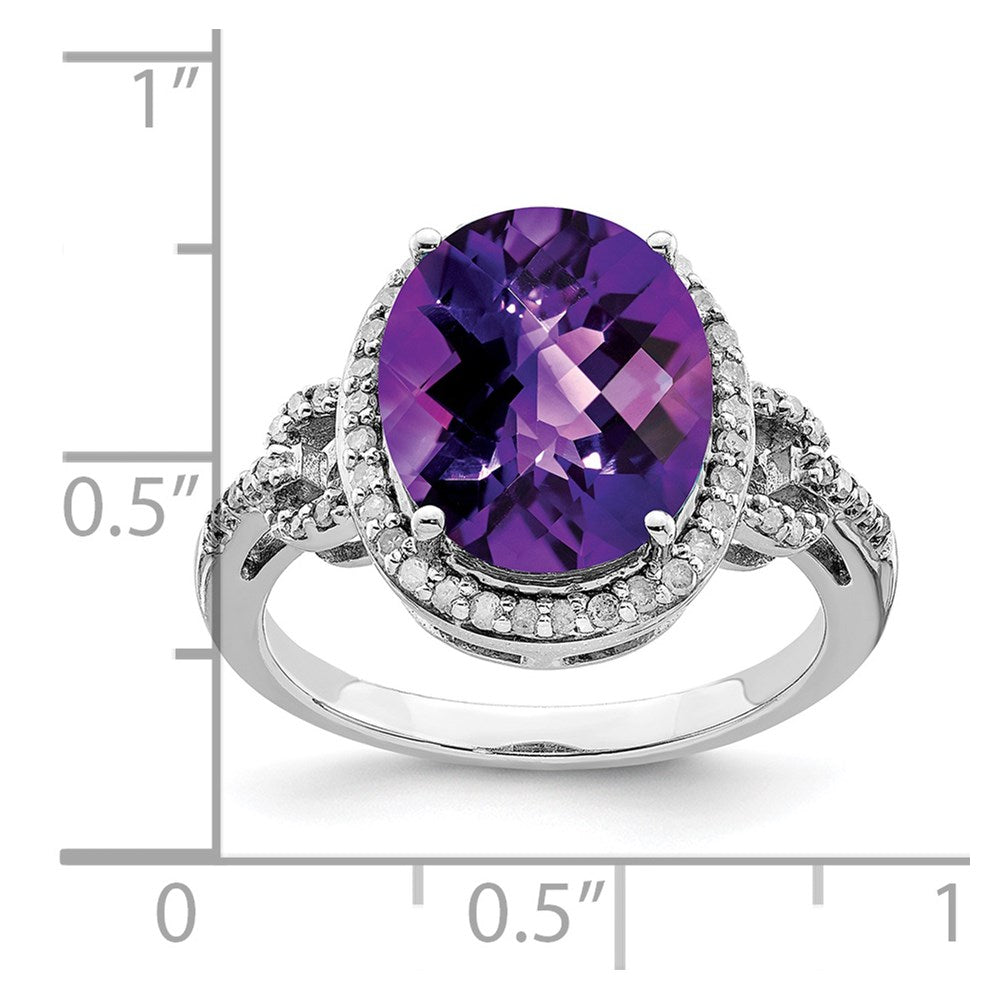 Sterling Silver Rhodium Oval Checker-Cut Amethyst & Diamond Ring