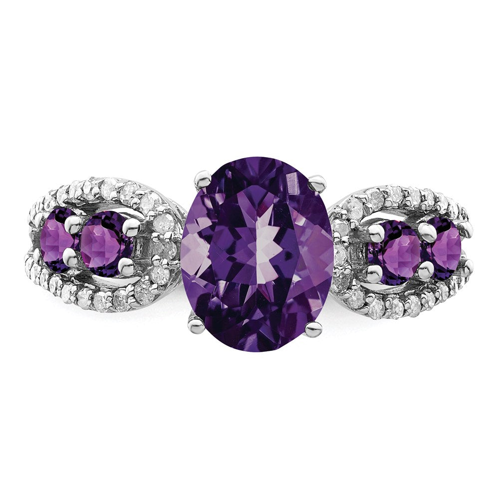Sterling Silver Rhodium-plated Amethyst & Oval Diamond Ring