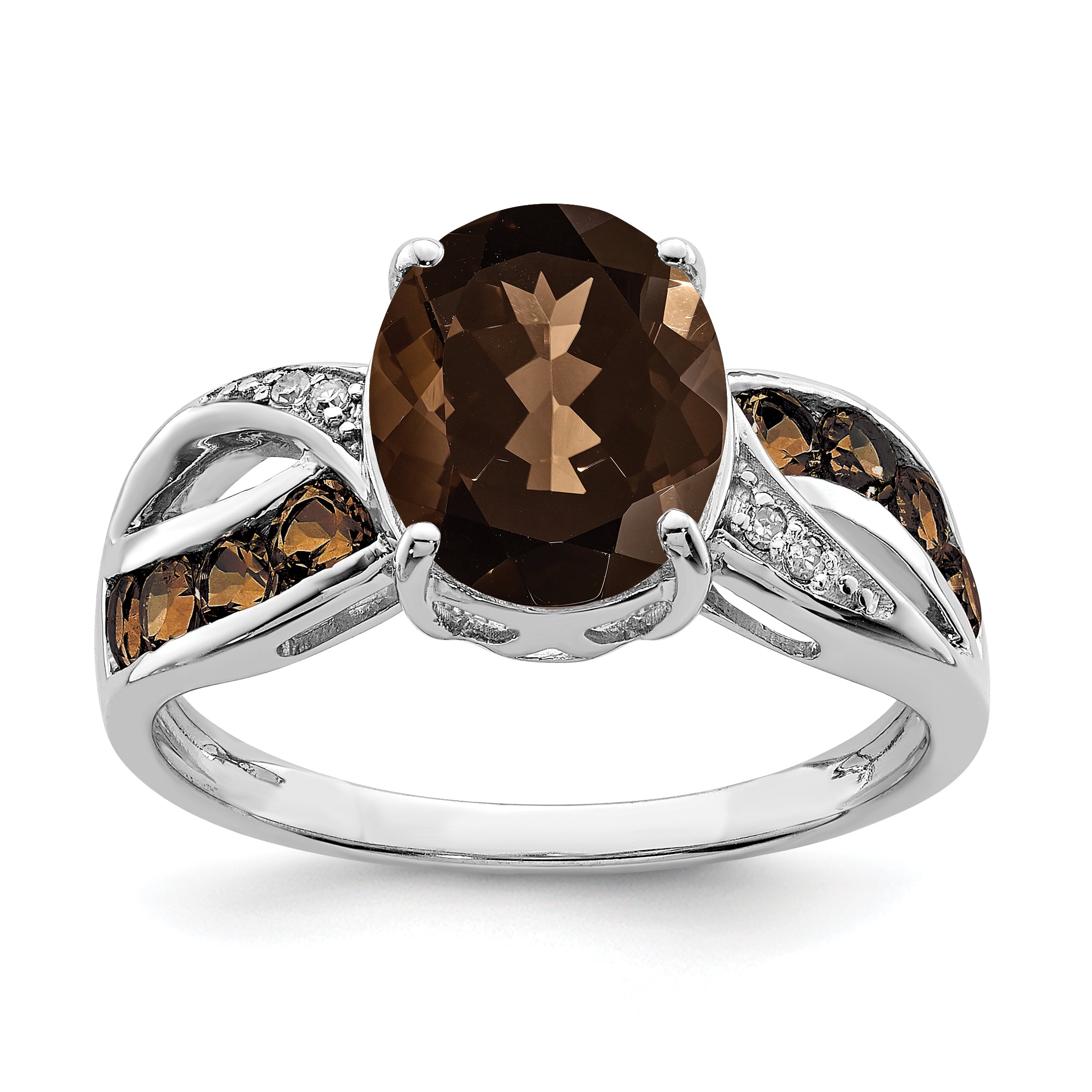Sterling Silver Rhodium Diam. & Smoky Quartz Ring