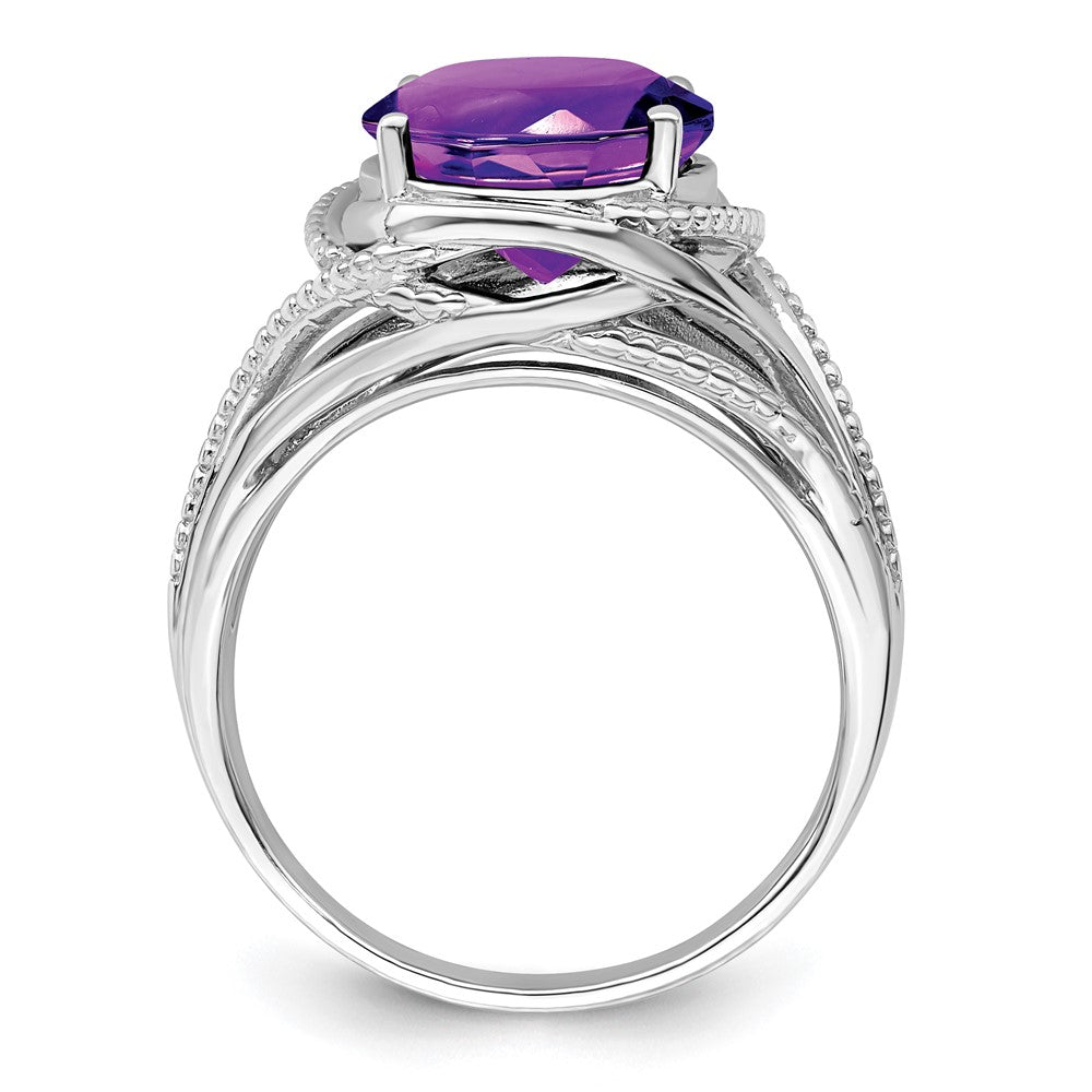 Sterling Silver Rhodium-plated Oval Amethyst Ring