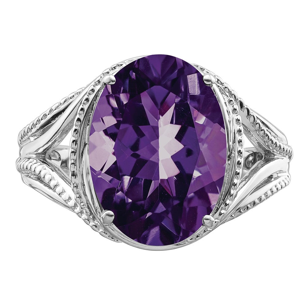 Sterling Silver Rhodium-plated Oval Amethyst Ring