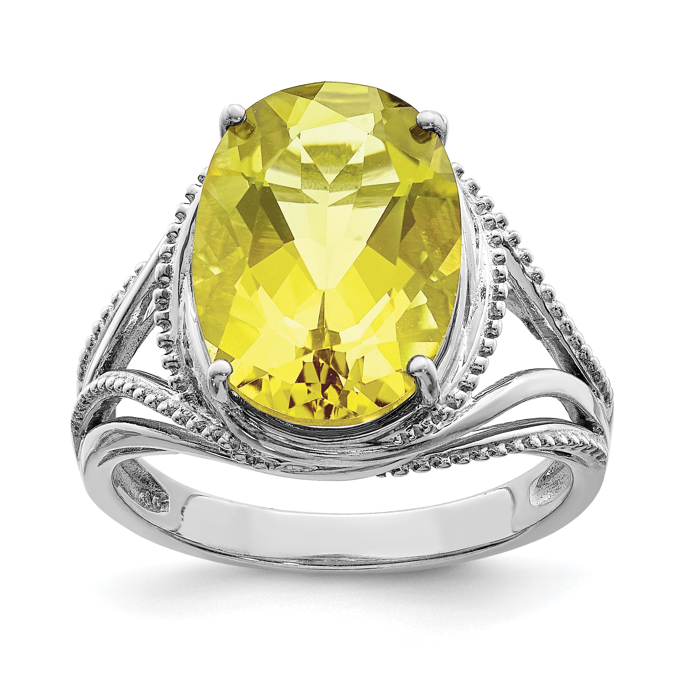 Sterling Silver Rhodium Oval Lemon Quartz Ring