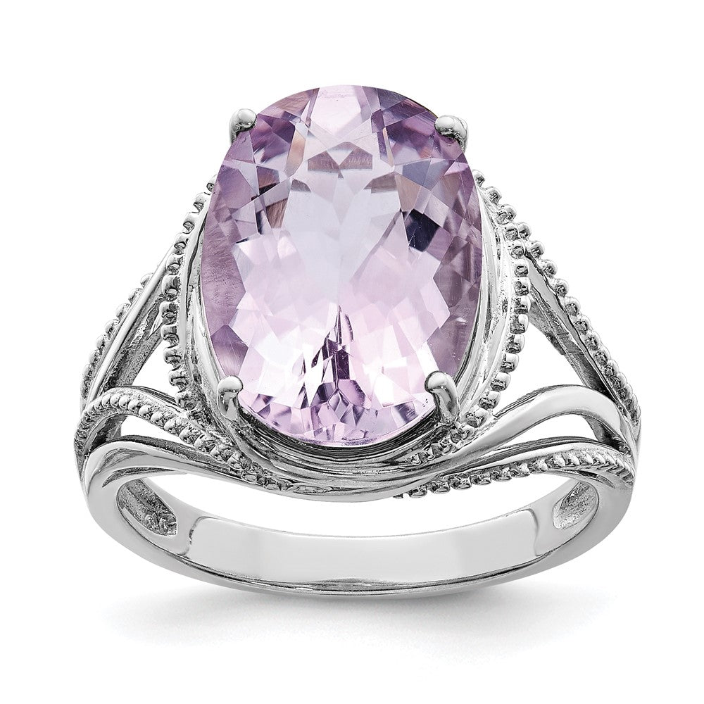 Sterling Silver Rhodium Oval Pink Quartz Ring