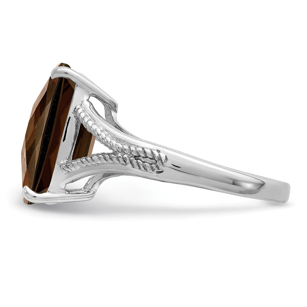 Sterling Silver Rhodium Checker-Cut Smoky Quartz Ring