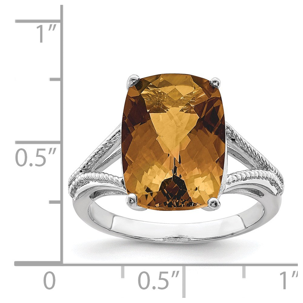 Sterling Silver Rhodium Checker-Cut Whiskey Quartz Ring