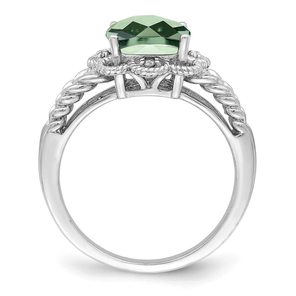 Sterling Silver Rhodium Checker-Cut Green Quartz & Diam. Ring