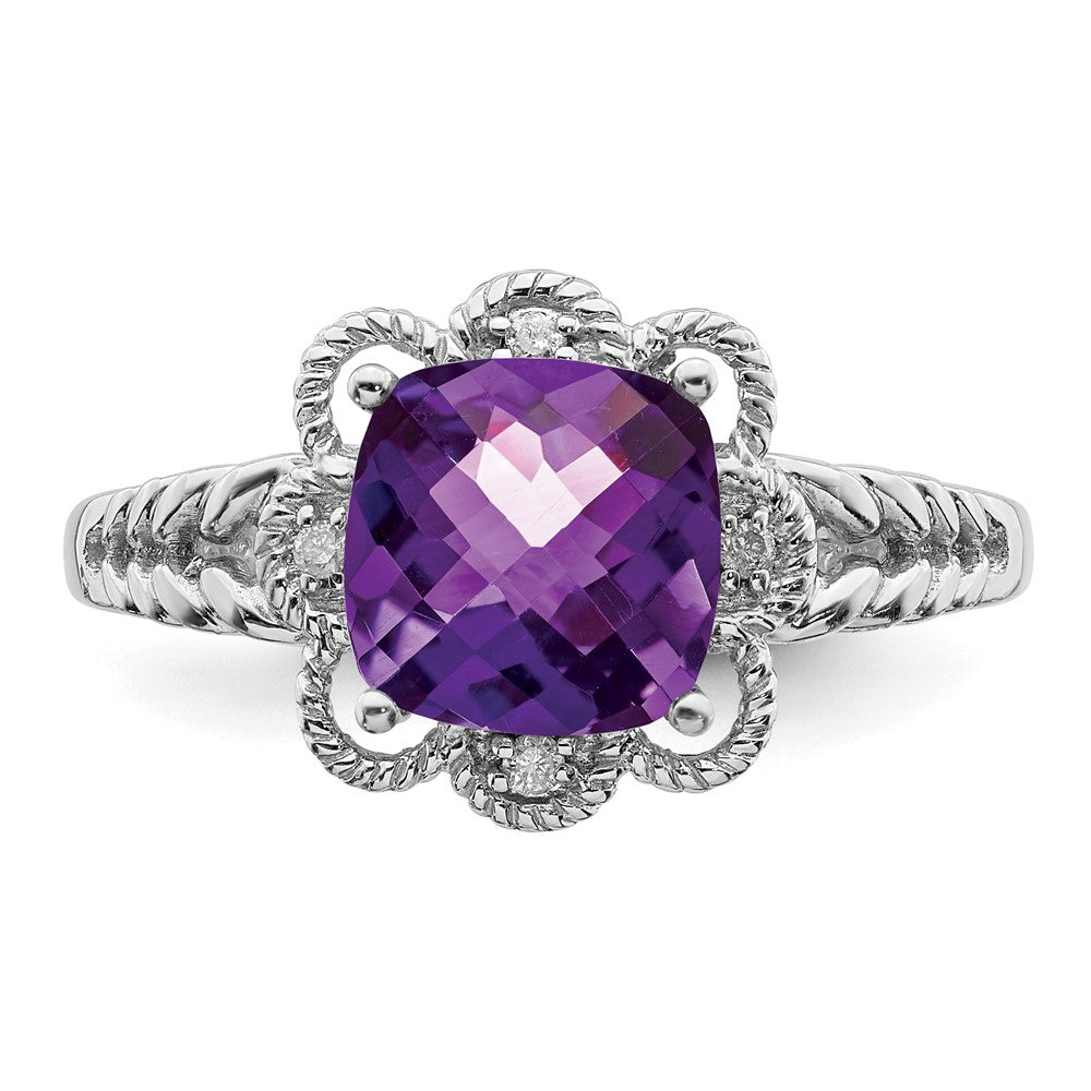 Sterling Silver Rhodium-plated Checker-Cut Amethyst & Diamond Ring