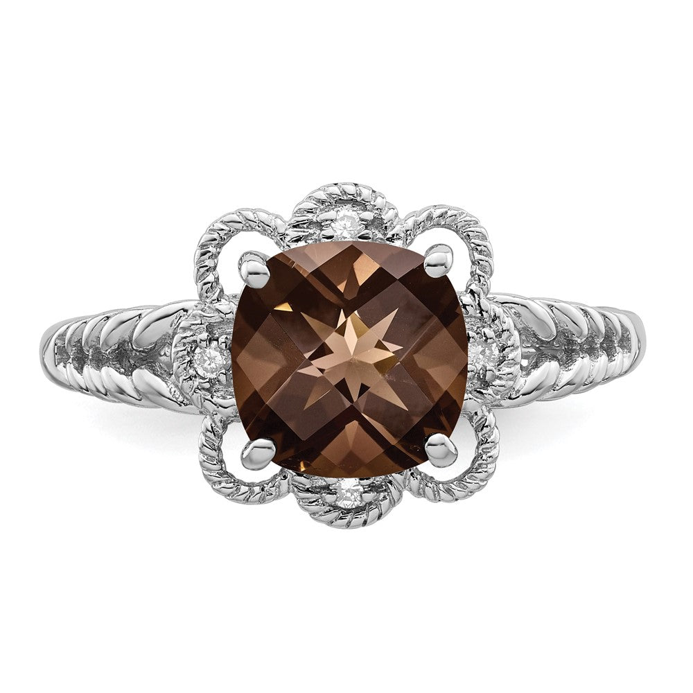 Sterling Silver Rhodium Checker-Cut Smoky Quartz & Diam. Ring
