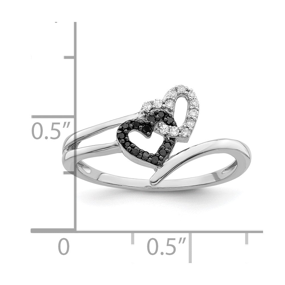 White Night Sterling Silver Rhodium-plated Black and White Diamond Double Heart Ring