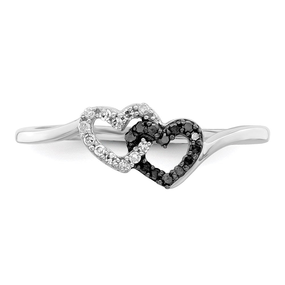 White Night Sterling Silver Rhodium-plated Black and White Diamond Double Heart Ring