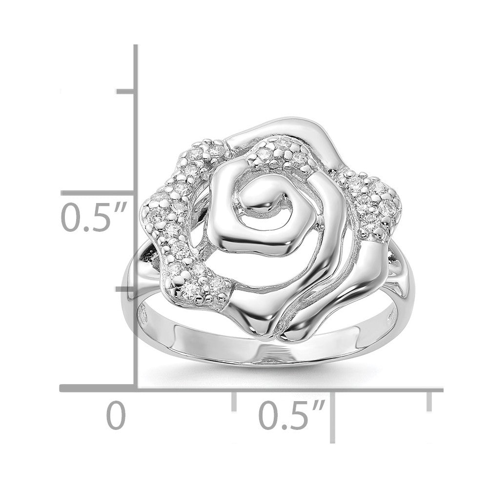 Sterling Silver Rhodium Plated CZ Rose Ring