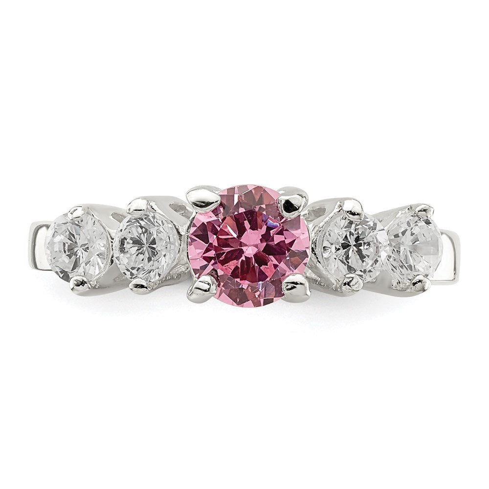 Sterling Silver Pink Round CZ w/Side Stones Ring