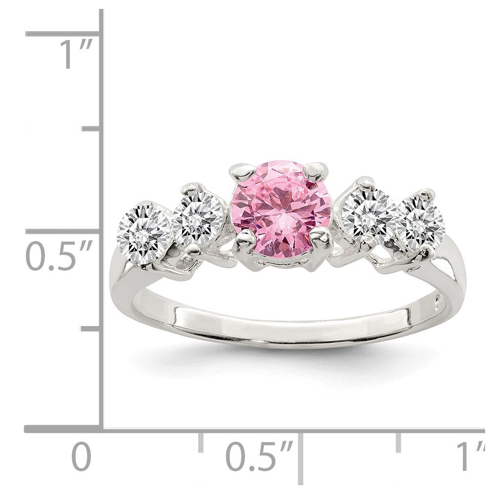 Sterling Silver Pink Round CZ w/Side Stones Ring