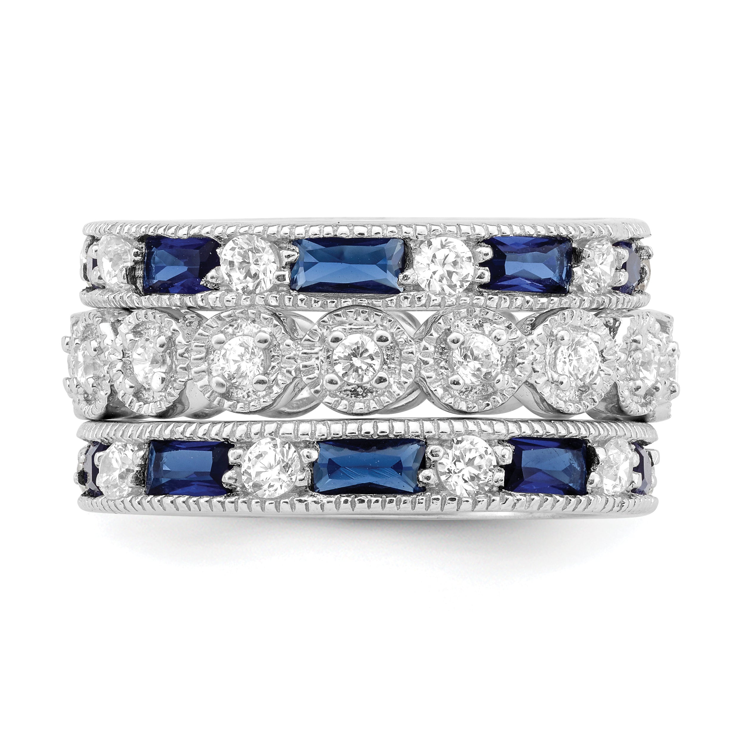 Sterling Silver Rhodium plated Blue & White CZ 3 Band Set