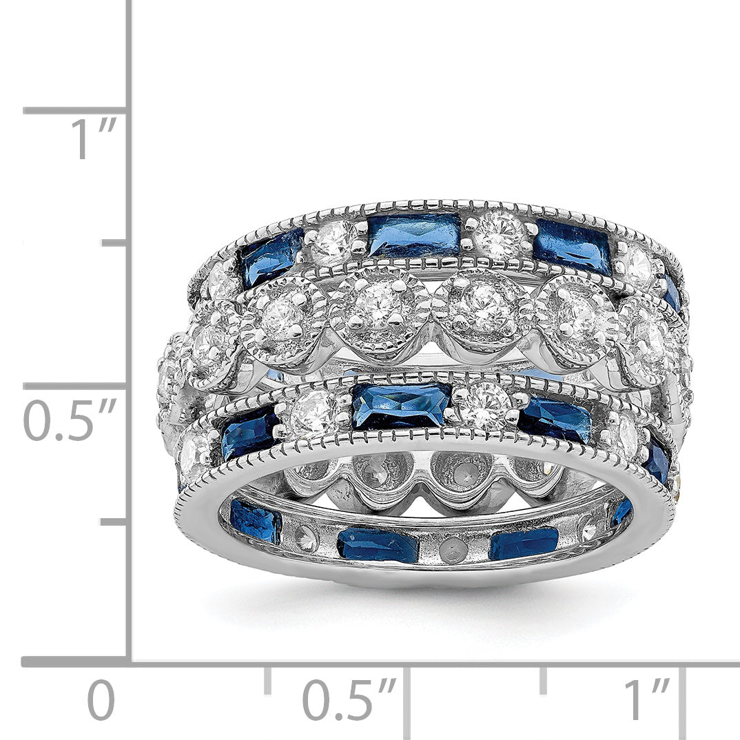 Sterling Silver Rhodium plated Blue & White CZ 3 Band Set