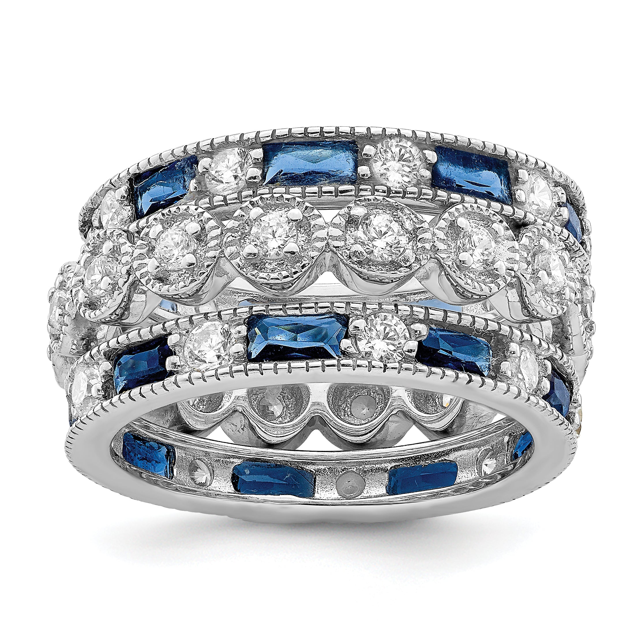 Sterling Silver Rhodium plated Blue & White CZ 3 Band Set