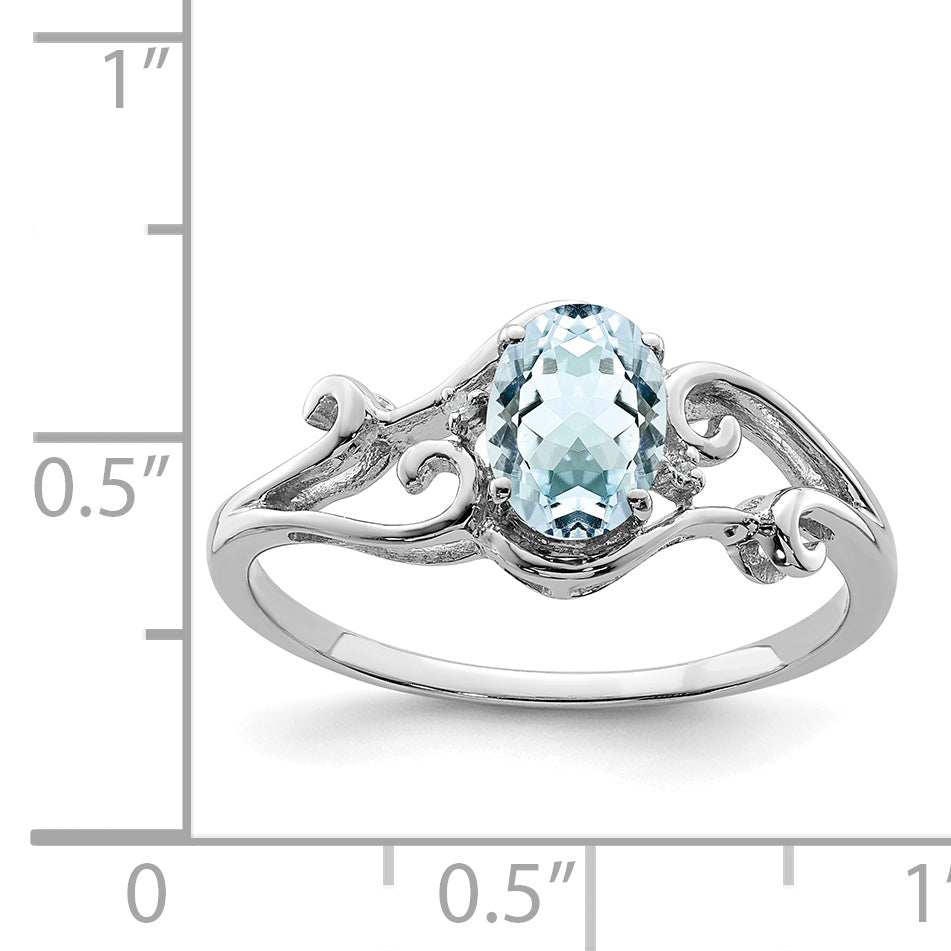 Sterling Silver Rhodium Plated Diamond & Aquamarine Oval Ring