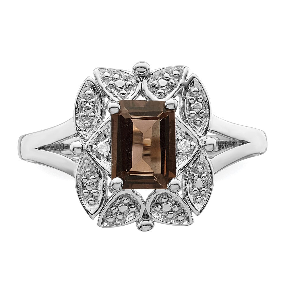 Sterling Silver Rhodium Diam. & Smoky Quartz Ring
