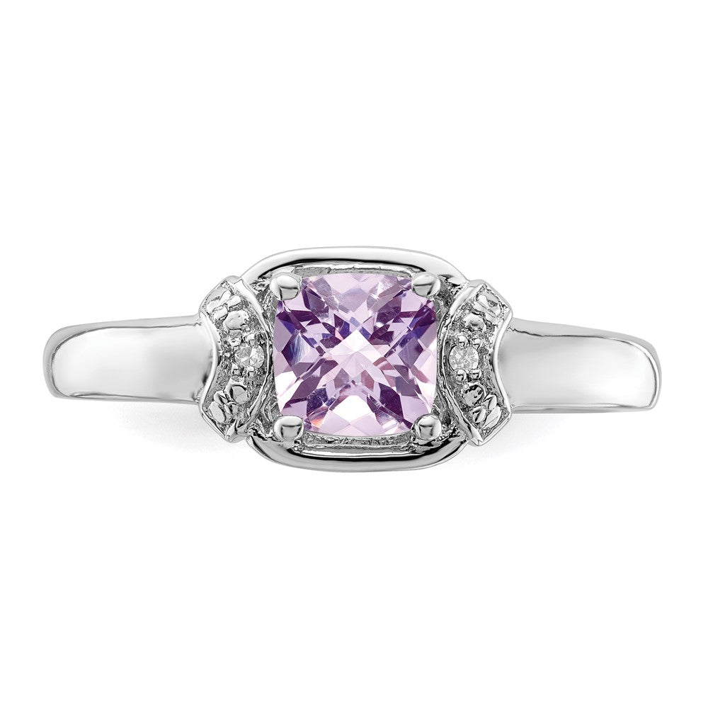 Sterling Silver Rhodium Diam. & Pink Quartz Ring