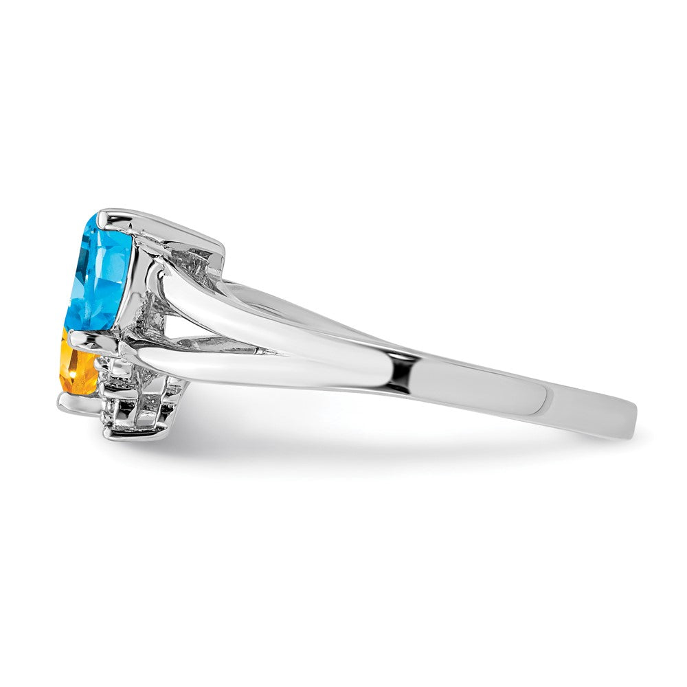 Sterling Silver Rhodium Blue Topaz & Citrine Diam. Ring