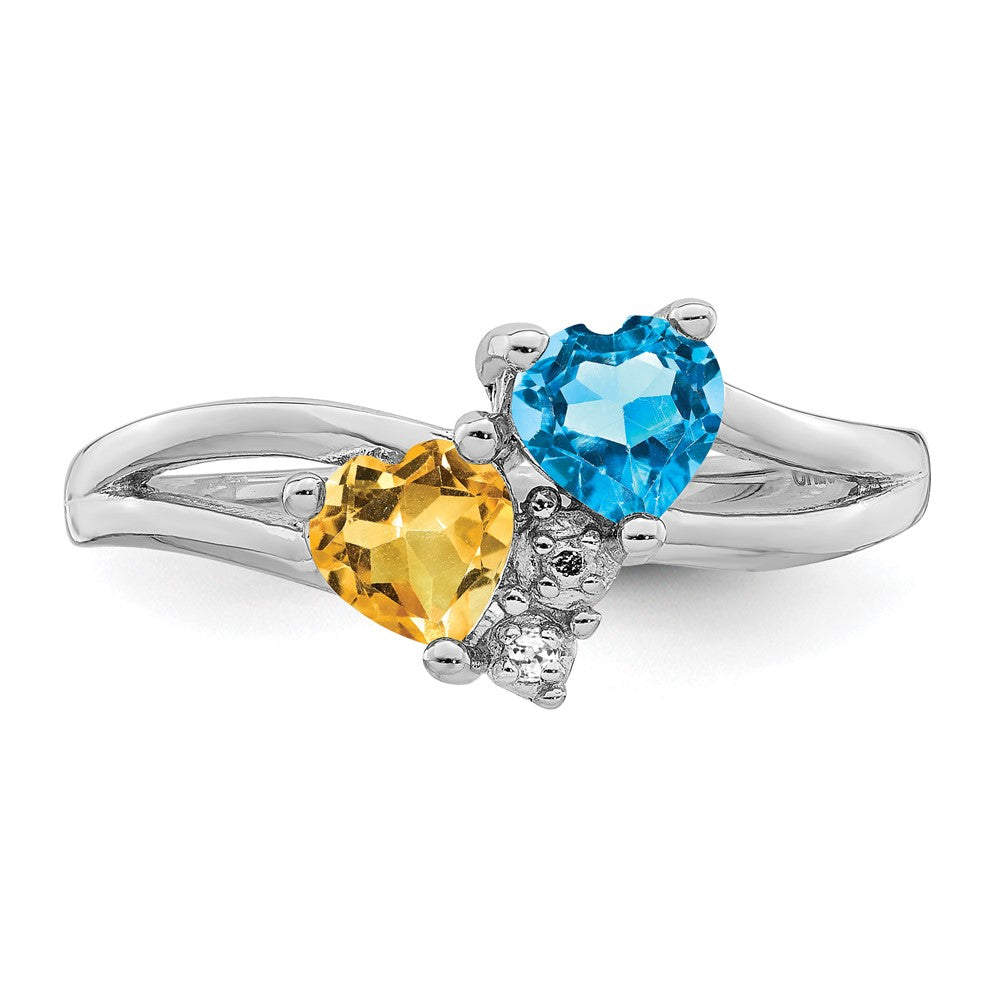Sterling Silver Rhodium Blue Topaz & Citrine Diam. Ring