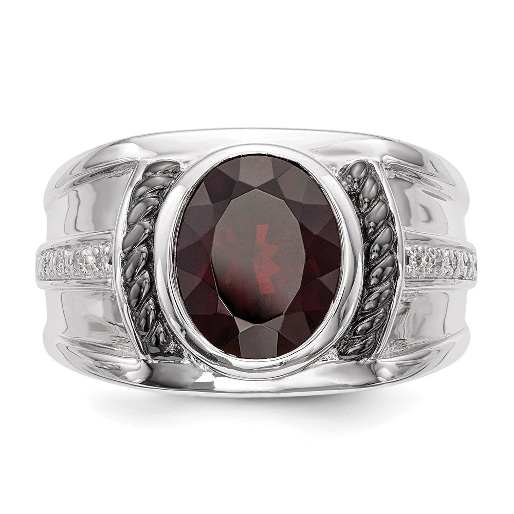 White Night Sterling Silver Black Rhodium-plated Garnet and Diamond Oval Men's Ring