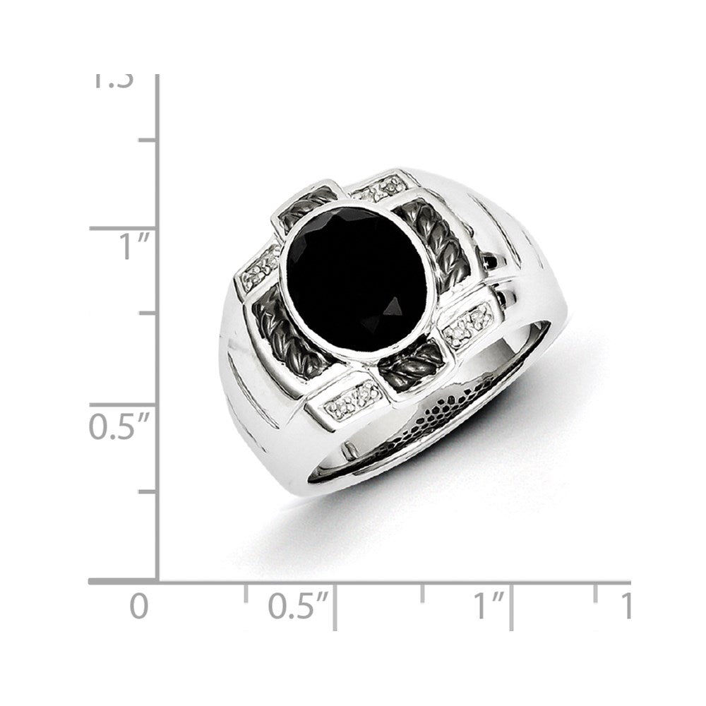 White Night Sterling Silver Black Rhodium-plated Diamond and Onyx Oval Men's Ring