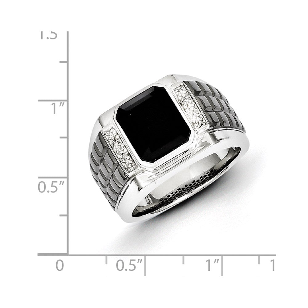 White Night Sterling Silver Black Rhodium-plated Diamond and Onyx Square Men's Ring