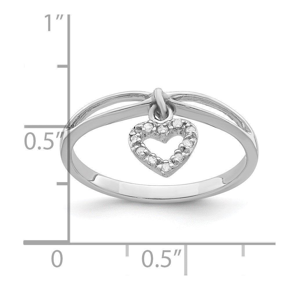 Sterling Silver Rhodium Plated Diamond Heart Dangle Ring