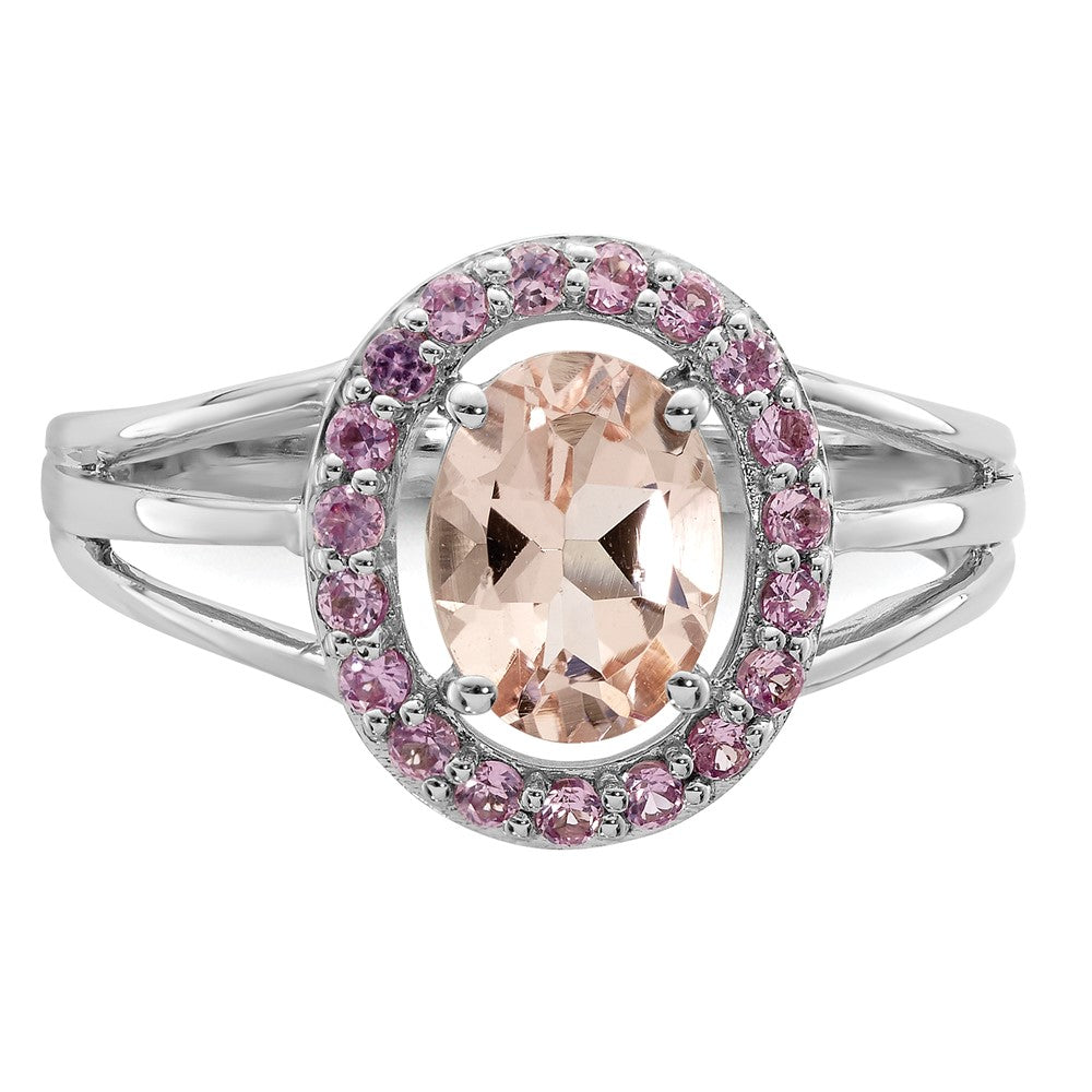 Sterling Silver Rhodium Morganite & Pink Sapphire Oval Ring
